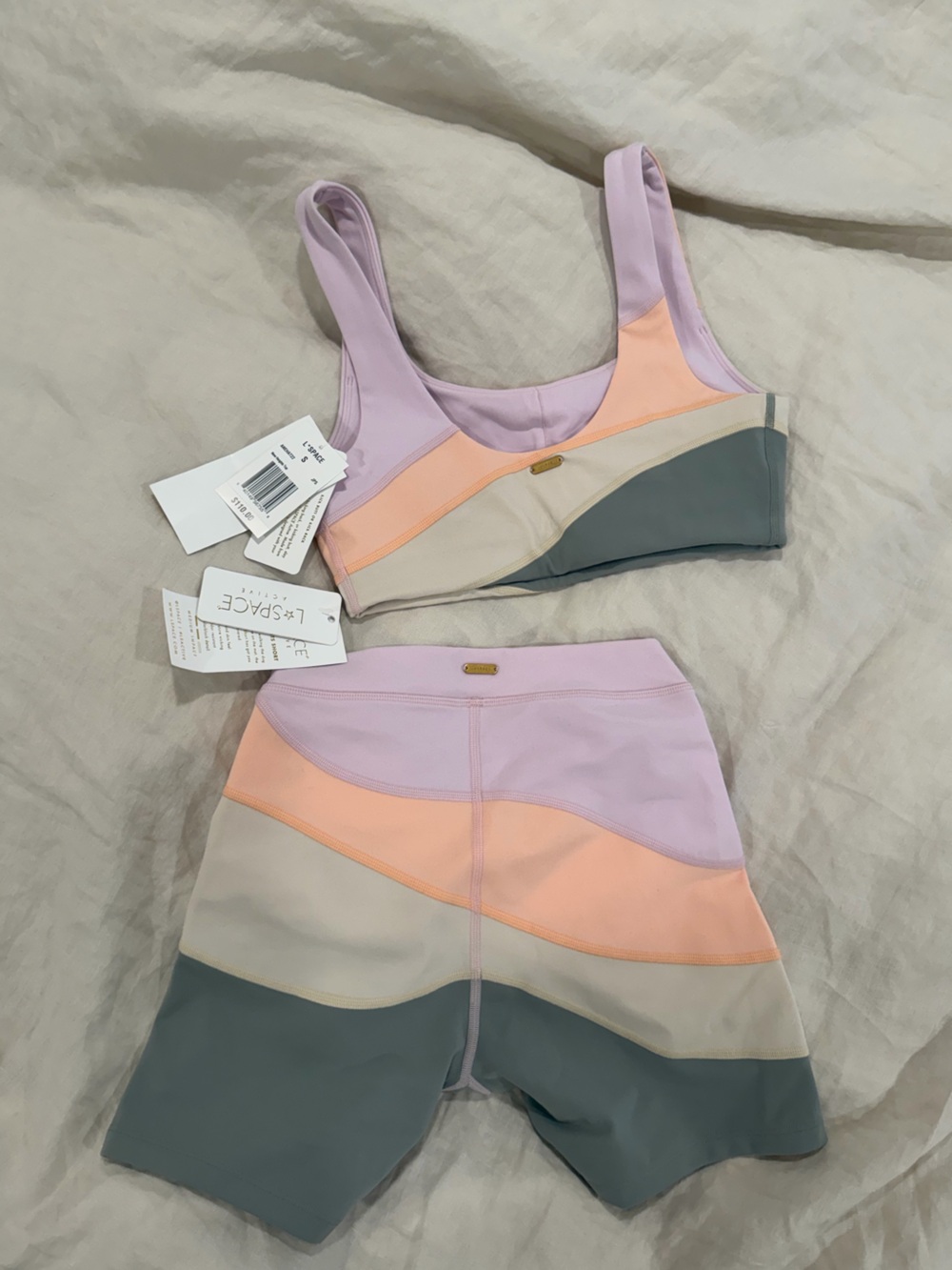 l*space Colorblock Sports Bra & Bike Short Set in Lavender, Peach, Cream, Gray - Picture 2 of 3